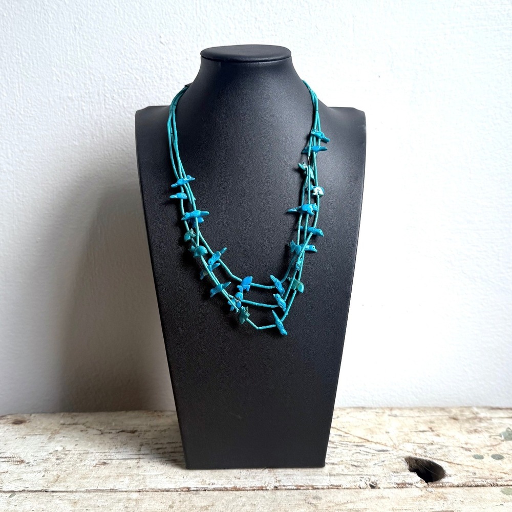 Vintage‎ Navajo Carved Turquoise and Heishi Shell Triple Strand Necklace